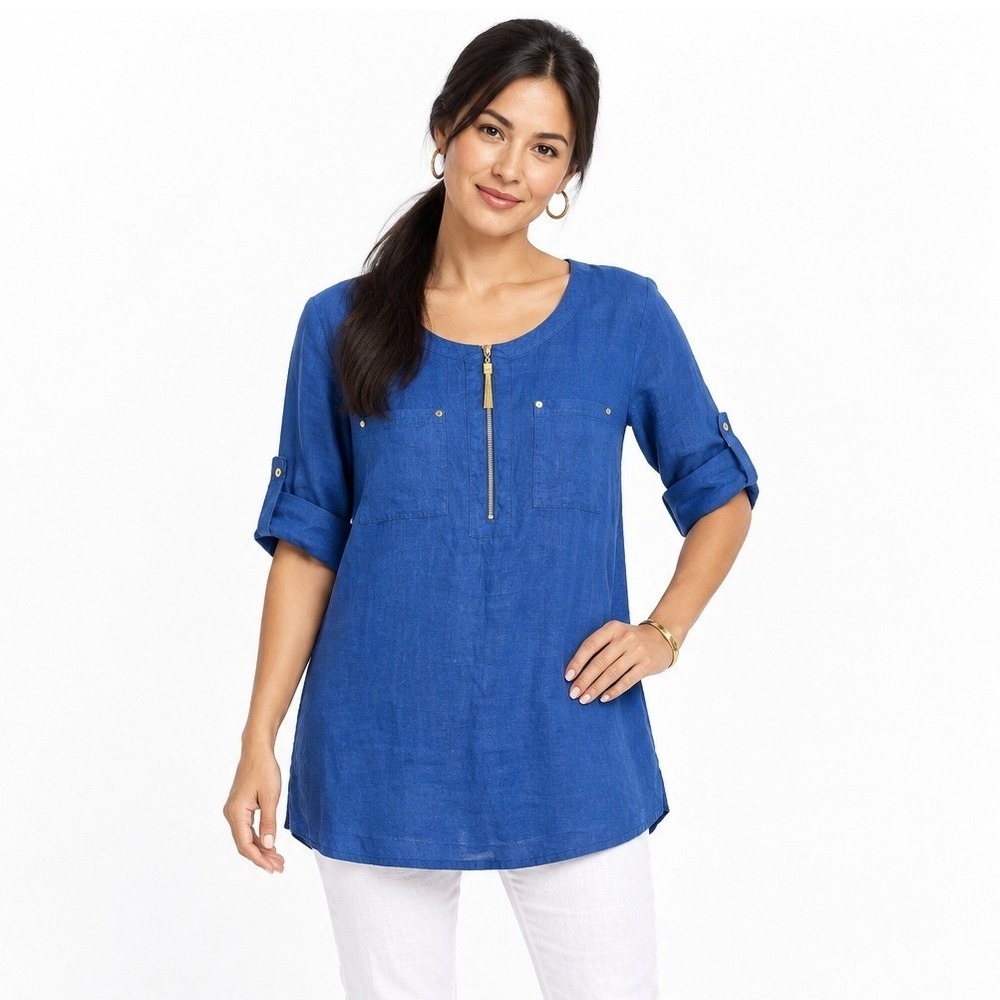 Linen Tunic Top M Cobalt Blue Gold Tassel Zip Roll Tab Sleeve Resort Minimalist